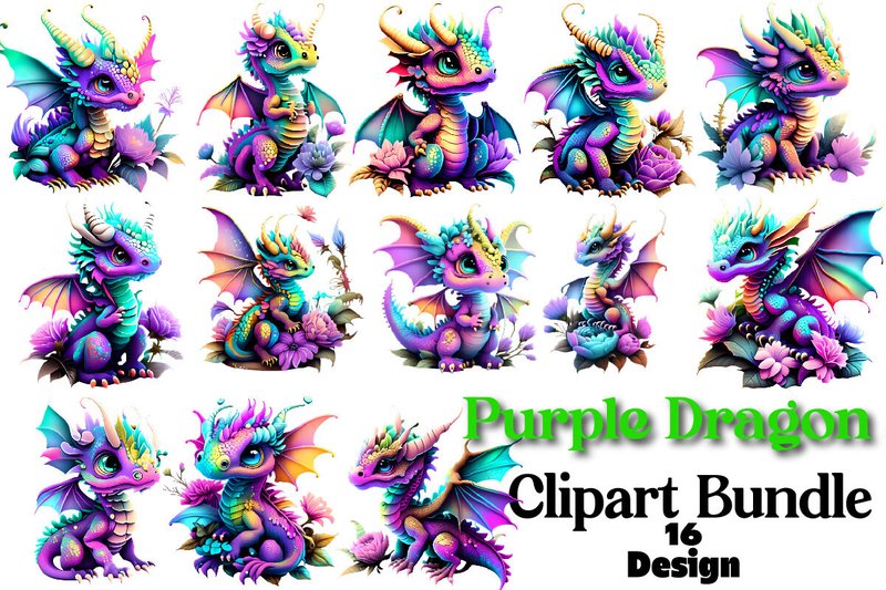Purple Dragon Clipart PNG Bundle