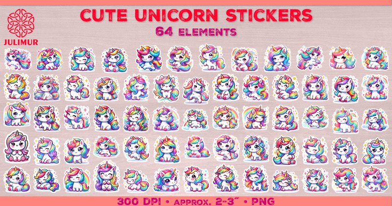 Rainbow Unicorns Cute Digital Stickers Bundle (by julimur)