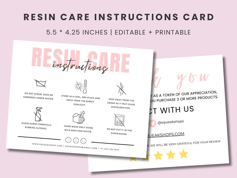 Resin Care Instructions Card Template (by Squeak Shops)