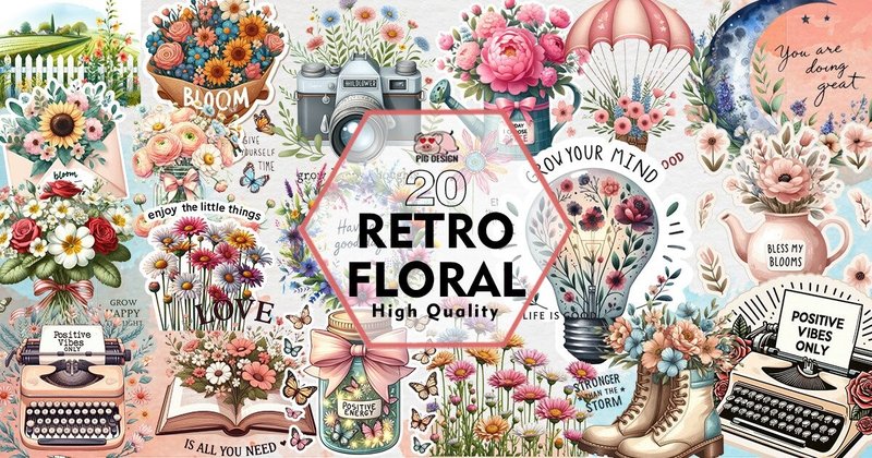 Retro Floral Sublimation Clipart PNG Bundle (by PIG.design)