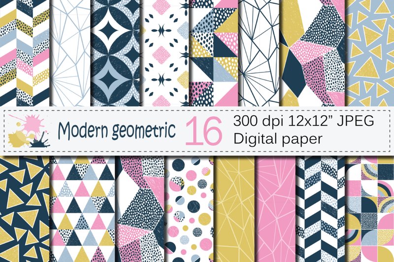 Seamless Modern Geometric Digital Paper / Geometric Patterns / Modern Backgrounds - Pink Blue Gold (by VR Digital Design)
