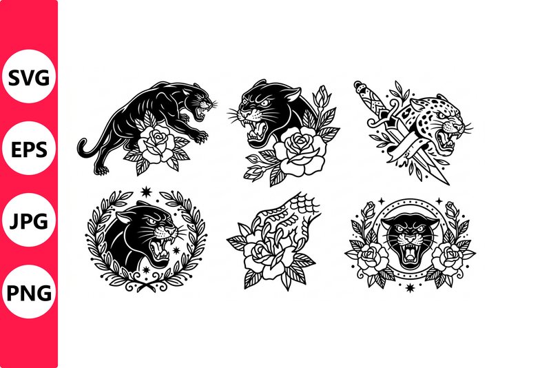 Six Tiger and Floral Tattoo Designs Set (by SVG vector PNG)