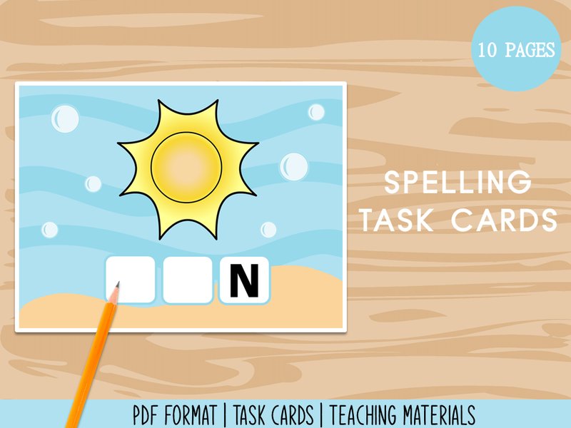 Spelling Task Cards - Teaching Materials (by Miss Cherry Designs)