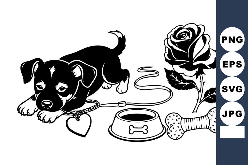 Tattoo Flash Puppy with Rose & Bone (by DesignVectx)