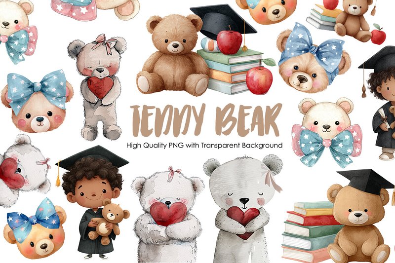 Teddy Bear Clipart | Cute Graduation PNG (by Coloring Book Studio)
