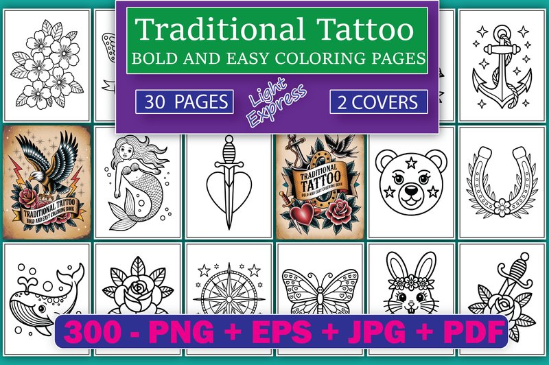 Traditional Tattoo Coloring Pages Adults (by Design Express)