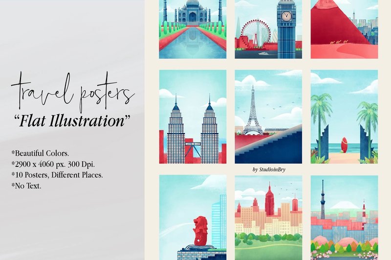 Travel Posters - Flat Illustrations (by StudioinBry)
