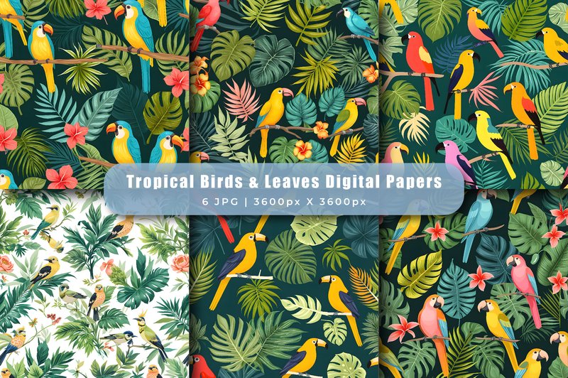 Tropical Birds & Leaves Digital Papers (by srempire)