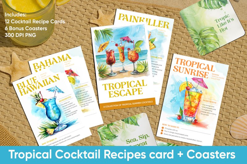 Tropical Cocktail Cards and Coasters Set (by KMarinaDesign)