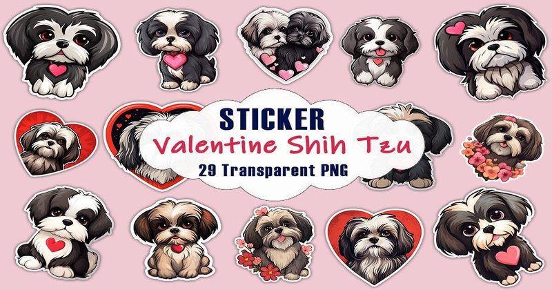 Valentine Shih Tzu Dog Stickers PNG Bundle (by Mulew)