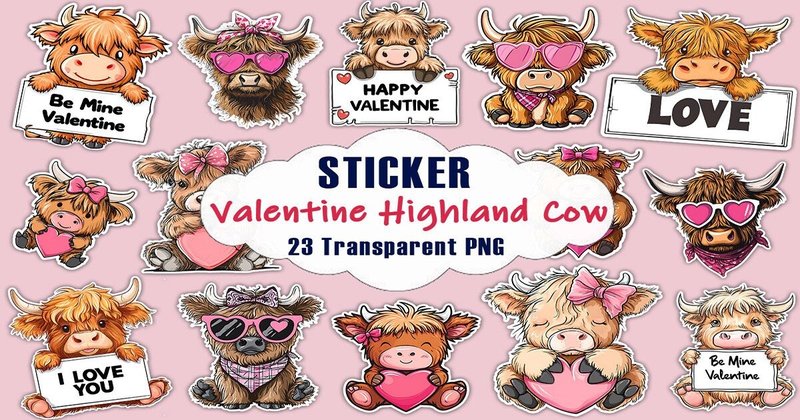 Valentine's Day Highland Cow Stickers Bundle (by Mulew)