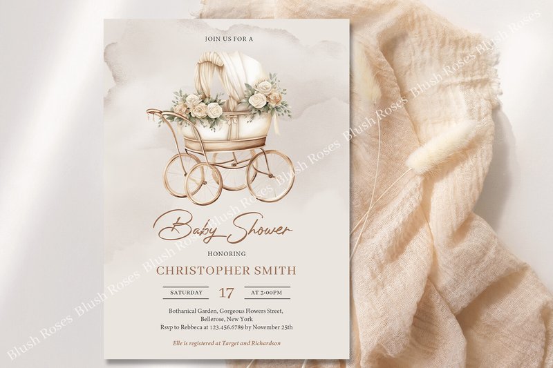 Vintage Boho Baby Carriage Baby Invite (by Blush Roses)