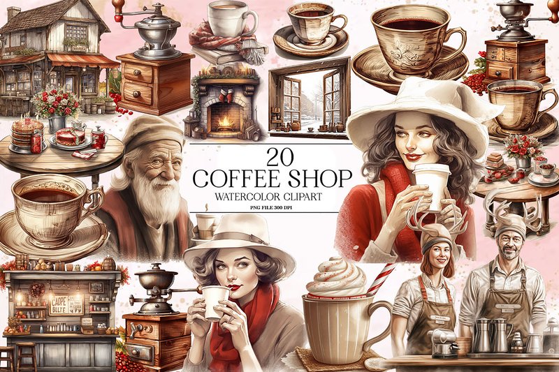 Vintage Christmas Coffee Shop Clipart (by Ak Artwork)