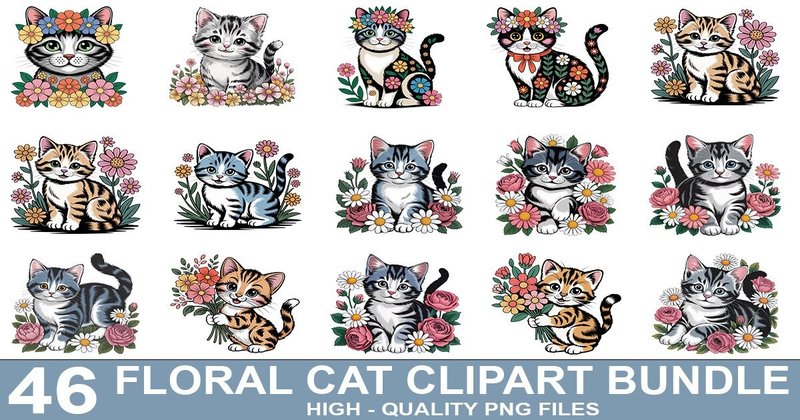 Vintage Floral Cat Clipart Bundle (by crative8112)