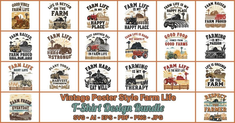 Vintage Poster Style Farm Life T-Shirt Design Bundle (by Focus T-shirt)