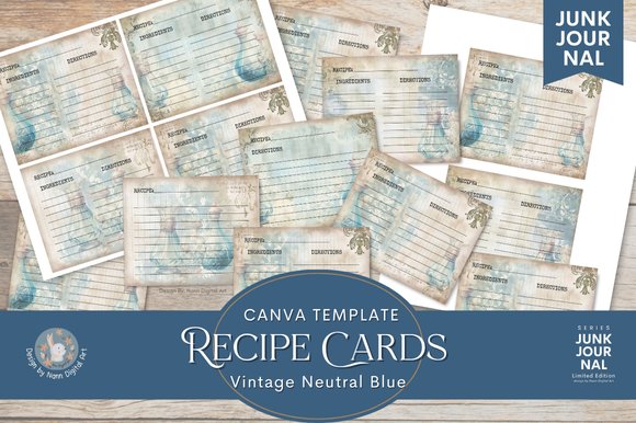 Vintage Recipe Cards Neutral Blue 5x4 (by Nann Digital Art)