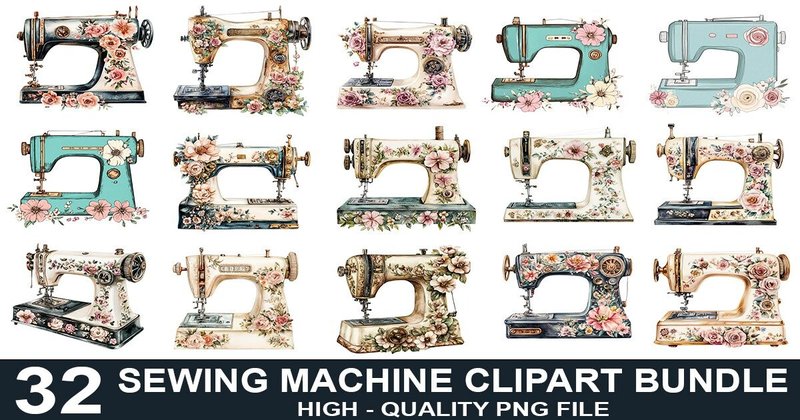 Vintage Sewing Machine Clipart Bundle (by crative8112)