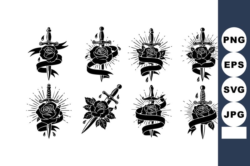 Vintage Sword and Rose Tattoo Designs Wi (by DesignVectx)