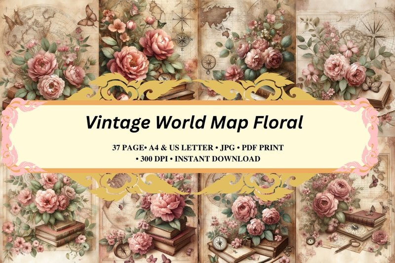 Vintage World Map Floral Journal Pages (by Siarverse)