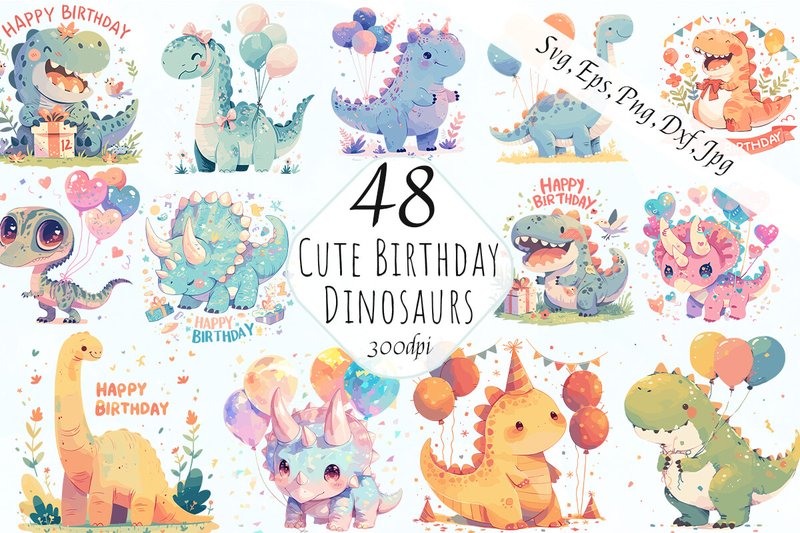 Watercolor Baby Boy Birthday Dinosaurs (by ArtCursor)
