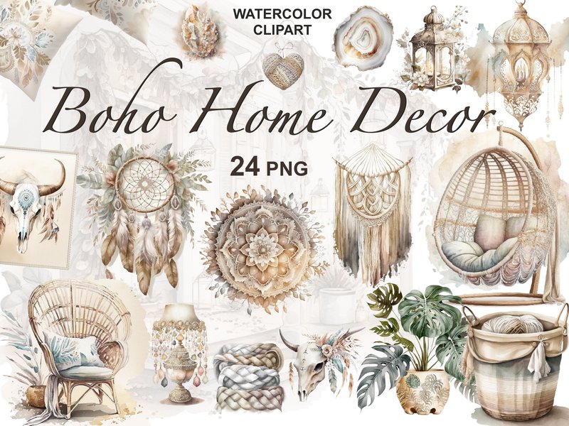 Watercolor Boho Home Decor Clipart (by FantasyDreamWorld)