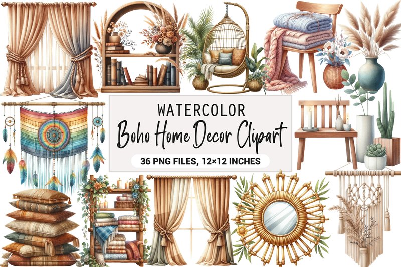 Watercolor Boho Home Decor Clipart (by DreamArtGraphic)