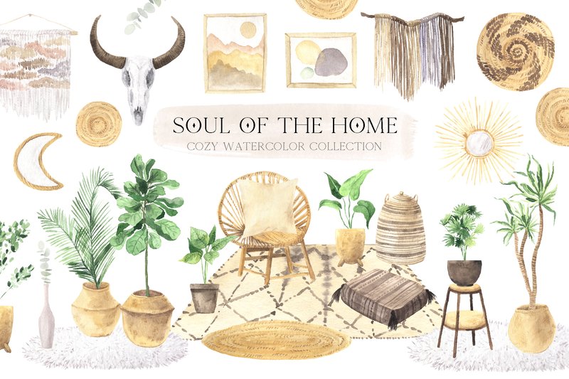 Watercolor Boho Home Interior Clipart (by Larysa Zabrotskaya)