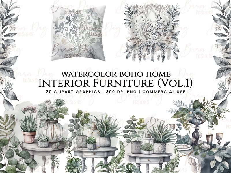 Watercolor Boho Home Interior Furniture (by busydaydesign)