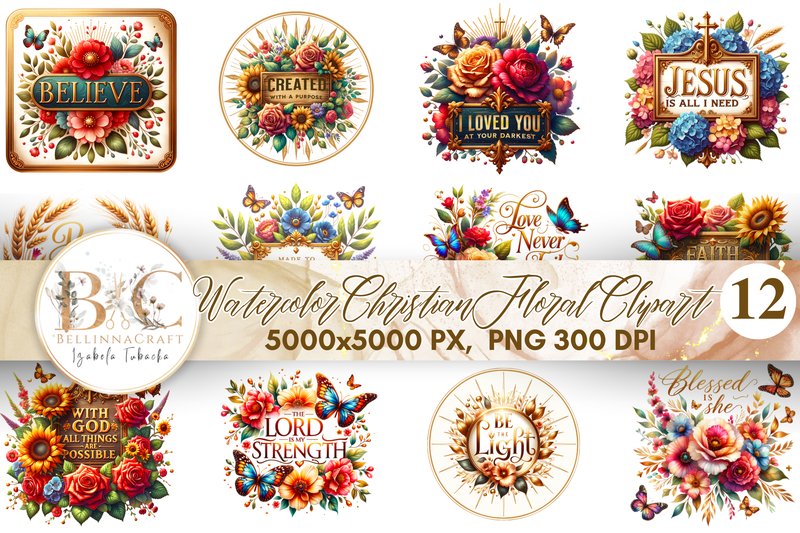 Watercolor Christian Floral Clipart (by BellinnaCraft)
