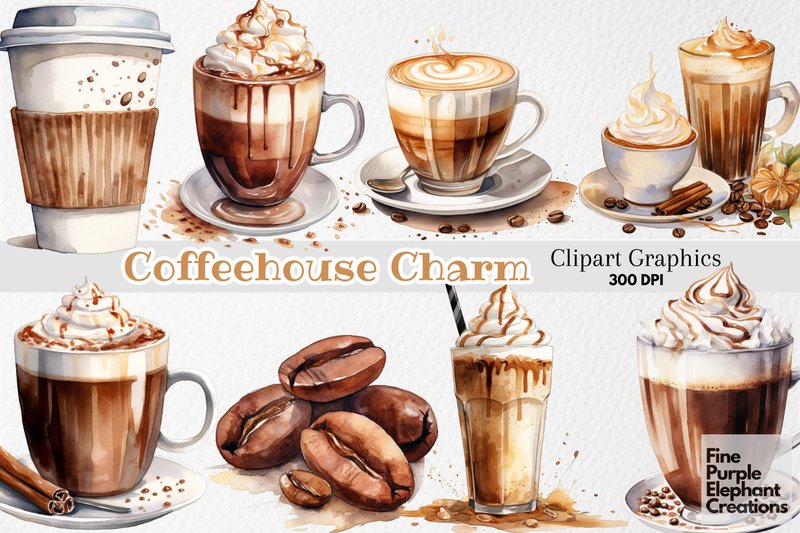 Watercolor Coffee Shop Cafe Drinks (by finepurpleelephant)