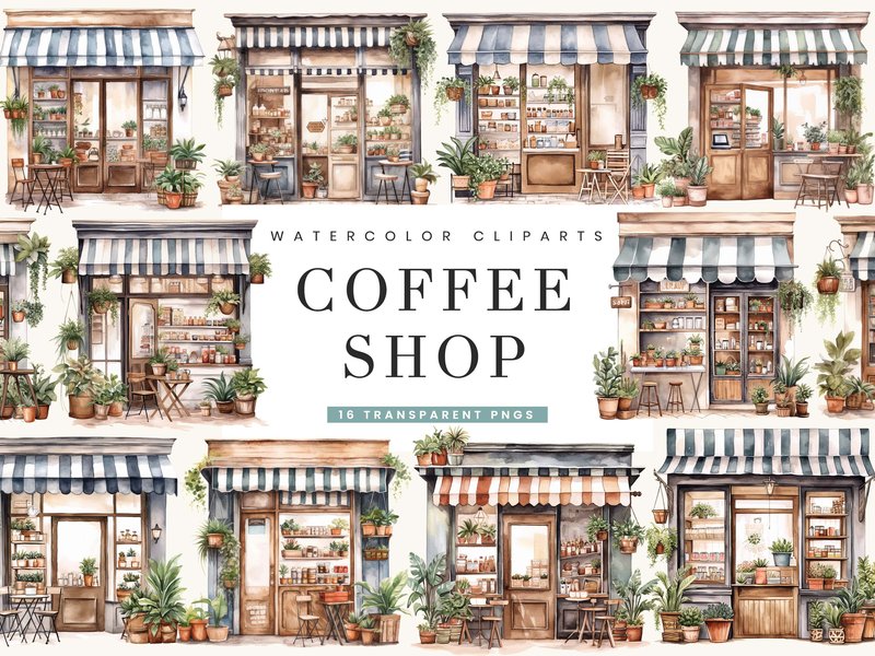 Watercolor Coffee Shop Clipart Bundle (by busydaydesign)