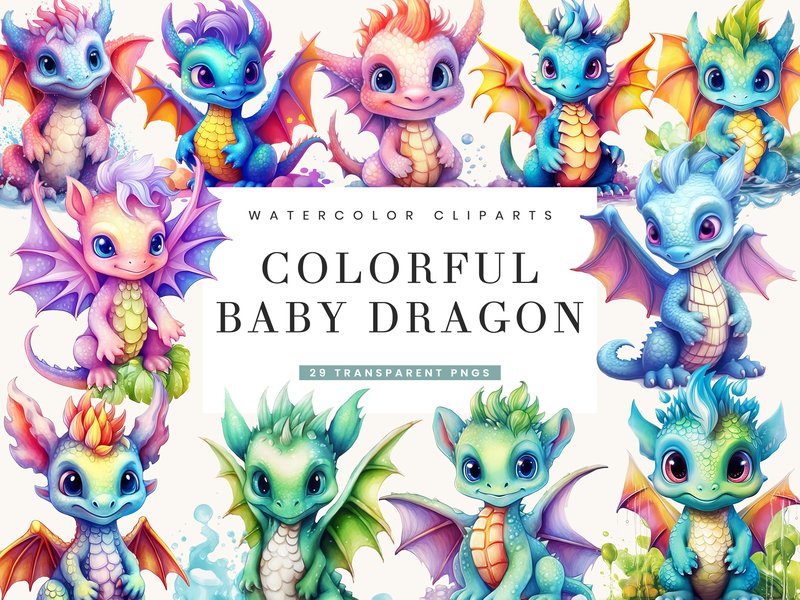Watercolor Colorful Baby Dragon Clipart (by busydaydesign)