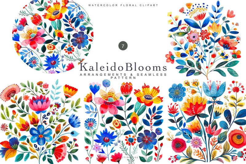 Watercolor Colorful Folk Floral Clipart (by Patishop Art)