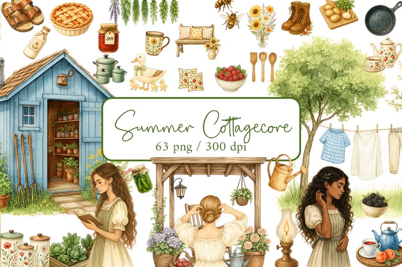 Watercolor Cottagecore Clipart Bundle (by ArwenLavia)