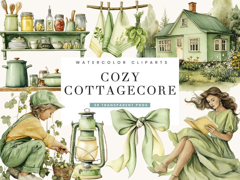 Watercolor Cozy Cottagecore Clipart (by busydaydesign)
