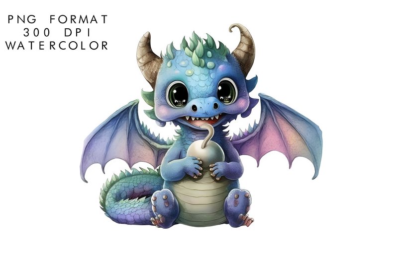 Watercolor Cute Baby Dragon Clipart (by WatercolorByKr)