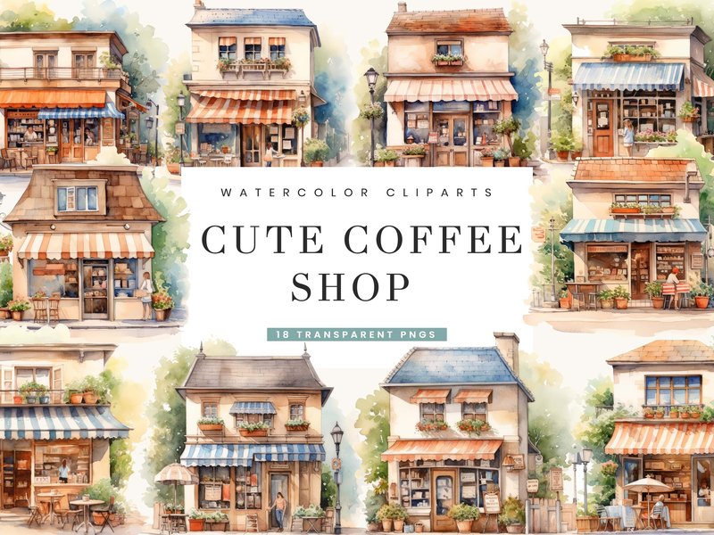 Watercolor Cute Coffee Shop Clipart (by busydaydesign)