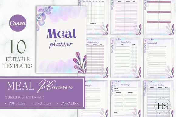 Watercolor Flowers CANVA Meal Planner (by Heyv Studio)