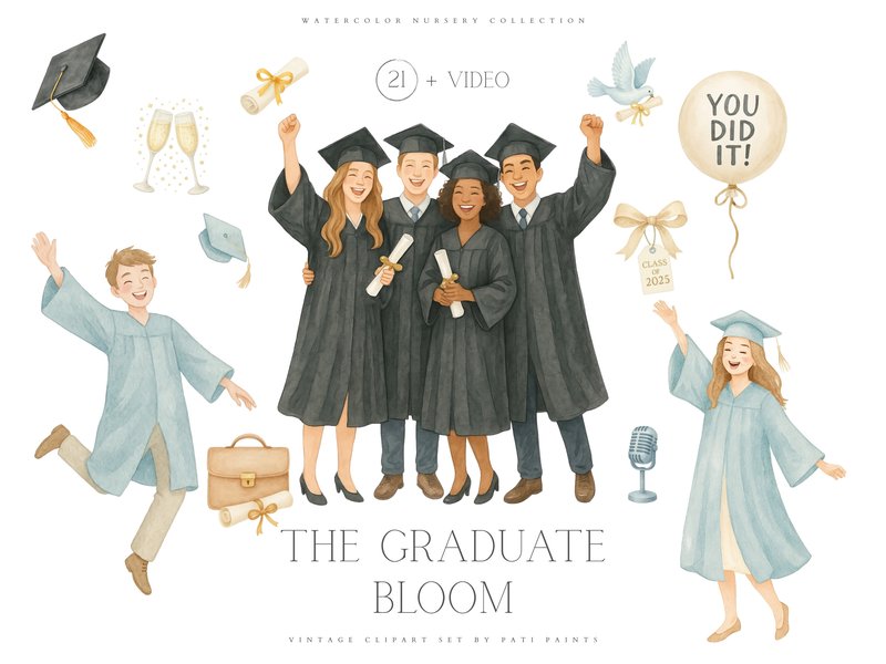 Watercolor Graduation Clipart Set (by patipaintsco)