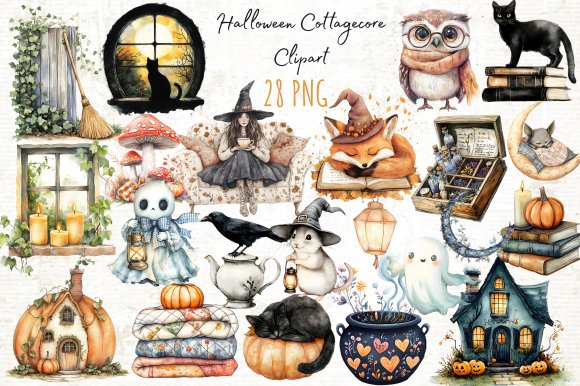 Watercolor Halloween Cottagecore Clipart (by Yassou Bouhad)