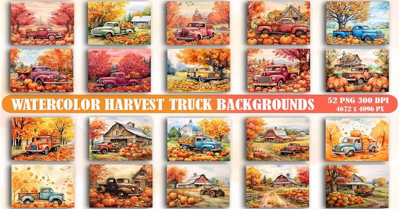 Watercolor Harvest Truck Background Bundle (by Lazy Sun)