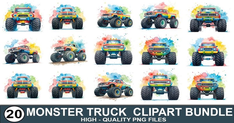 Watercolor Monster Truck Clipart Bundle (by SVG Print design)