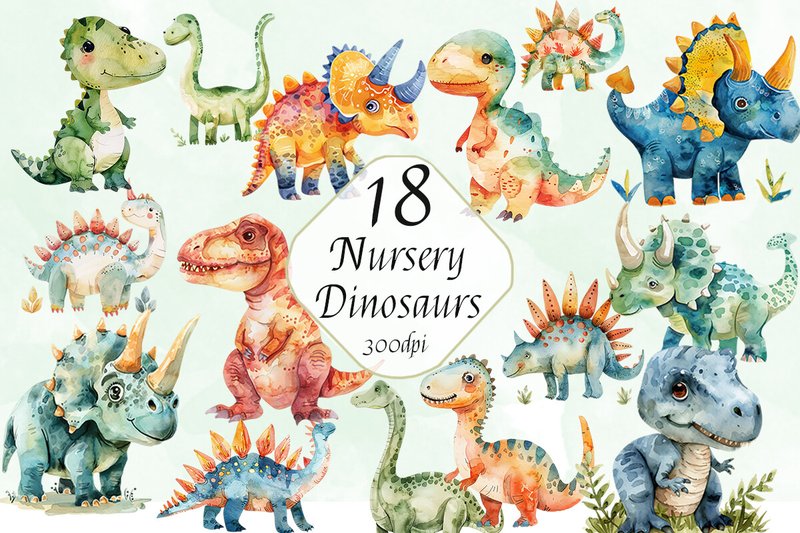 Watercolor Nursery Dinosaurs Clipart Png (by ArtCursor)