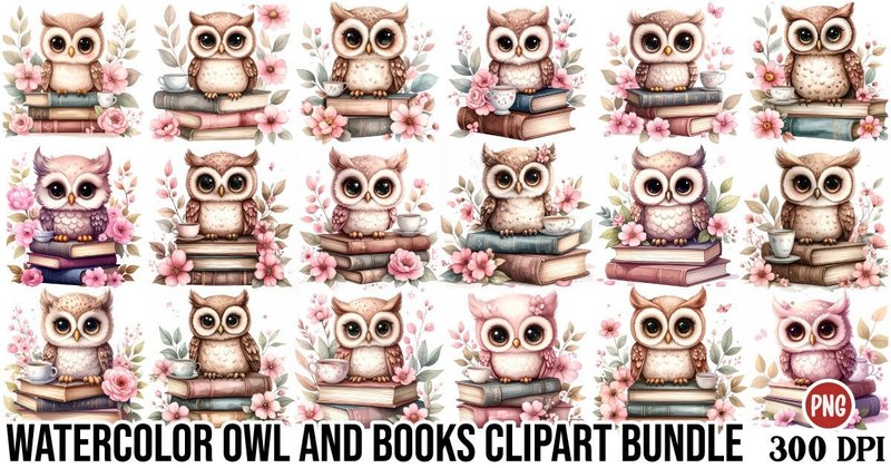 Watercolor Owl and Books Clipart Bundle (by Art King @)