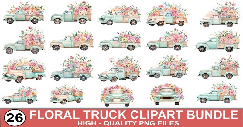 Watercolor Truck with Flowers Bundle (by SVG Print design)