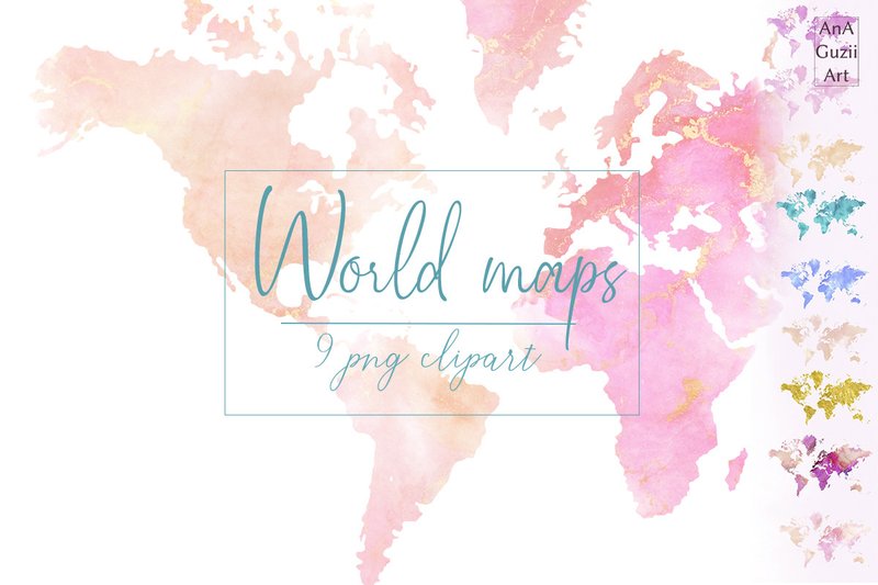Watercolor World Map Clipart (by AnaGuziiArt)