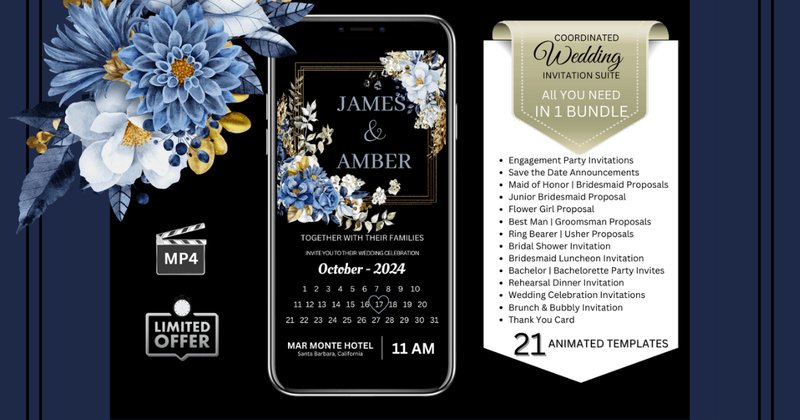 Wedding Invitations Blue & Gold (Black Background) Bundle (by Studio21)