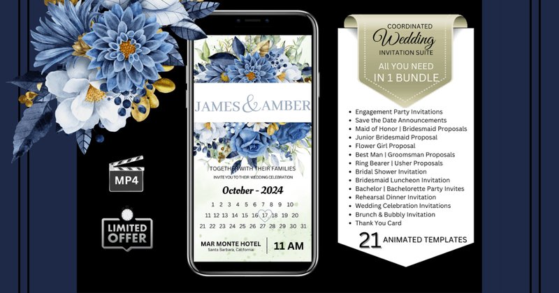 Wedding Invitations Blue & Gold Bundle (by Studio21)