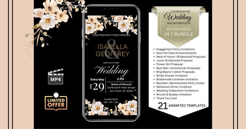 Wedding Invitations - Boho Flowers (Black Background) Bundle (by Studio21)