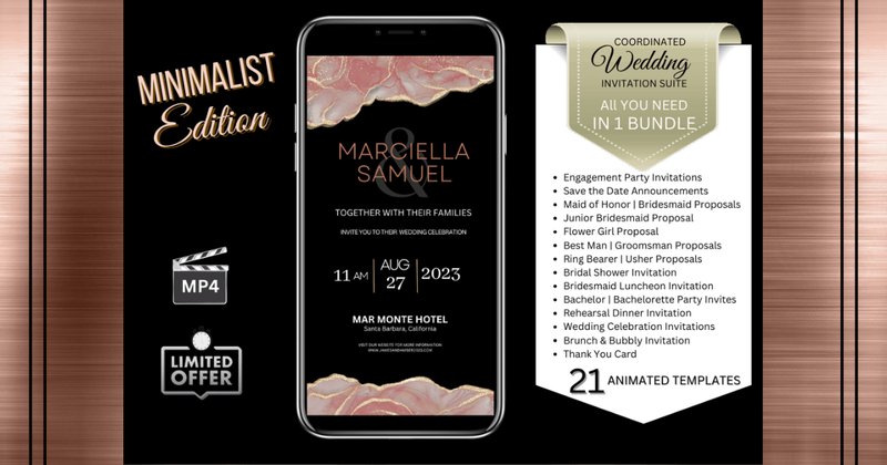 Wedding Invitations - Classic Pink Marble (Black Background) Bundle (by Studio21)